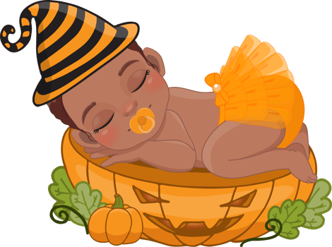 Cute American African girl sleeping on the pumpkin cut half in Halloween theme cartoon png