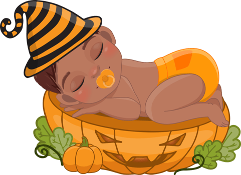 Cute American African boy sleeping on the pumpkin cut half in Halloween theme cartoon png