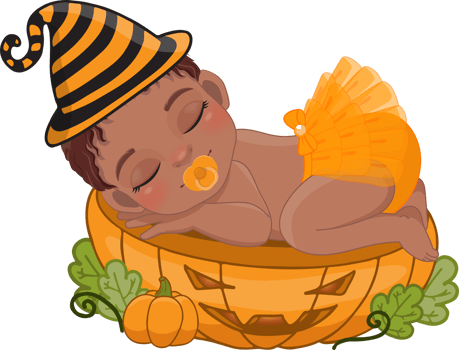 Cute American African girl sleeping on the pumpkin cut half in Halloween theme cartoon png