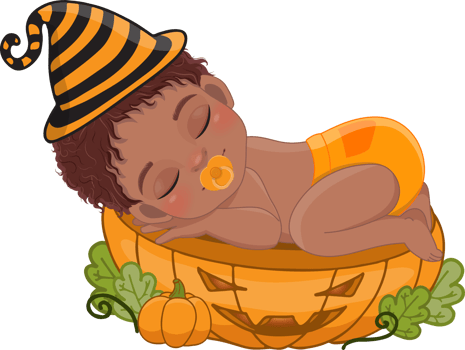 Cute American African boy sleeping on the pumpkin cut half in Halloween theme cartoon png