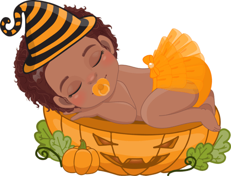 Cute American African girl sleeping on the pumpkin cut half in Halloween theme cartoon png