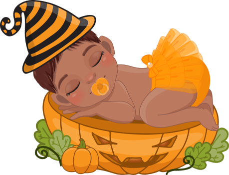 Cute American African girl sleeping on the pumpkin cut half in Halloween theme cartoon png