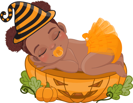 Cute American African girl sleeping on the pumpkin cut half in Halloween theme cartoon png