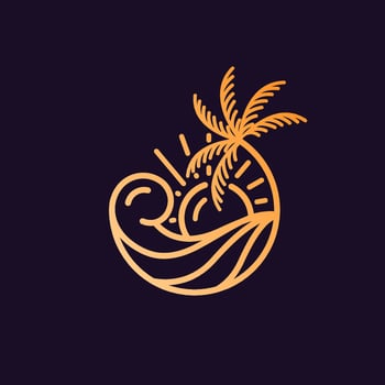 ocean wave tropical island and palm tree logo line art vector illustration