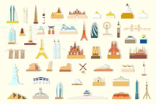 World famous architecture landmarks isolated set, Vector architectural silhouette monuments.