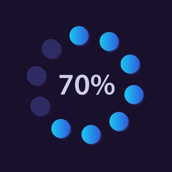 Circular dot gradient infographic chart design template for dark theme. Seventy percentage. Radial infochart with progress amount. Visual data presentationd vector
