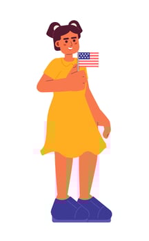 Young hispanic girl holding american flag semi flat colorful vector character. Patriotic 4th of july kid. Editable full body person on white. Simple cartoon spot illustration for web graphic design