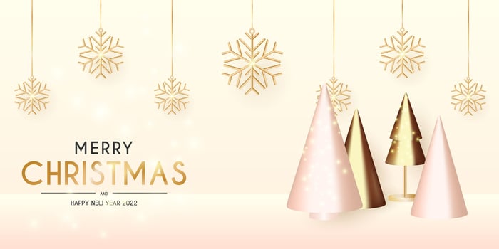 Christmas and New Year background. Conical Abstract Gold Christmas Trees. Snowflakes hanging on ribbon. Bright Winter holiday composition. Greeting card, banner, poster vector