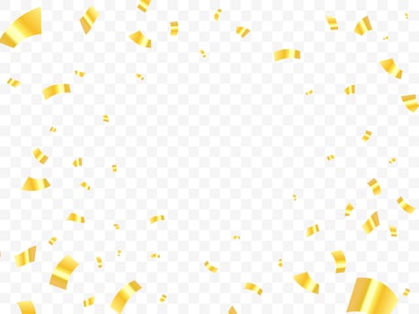 Falling shiny golden confetti isolated on transparent background. Bright festive tinsel of gold color vector