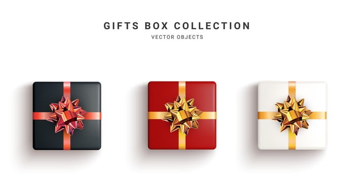 Collection of realistic gift boxes, decorative presents isolated on white background. Vector illustration