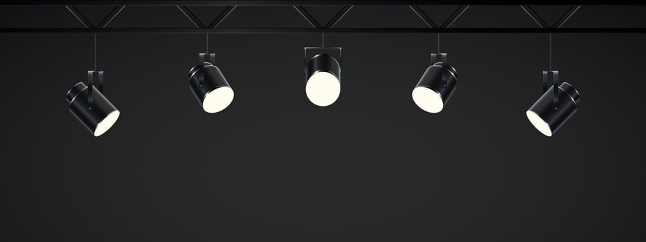 Spotlights with bright white light shining stage. Collections projectors with Illuminated effect . Set of projector for studio. Vector illustration