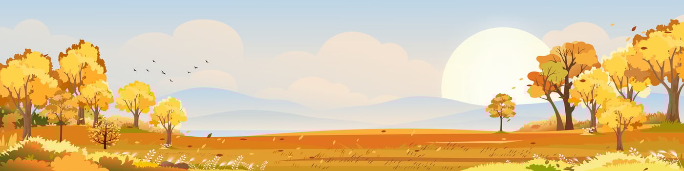 Autumn landscape scenery with morning sky and cloud over forest trees with fall leaves,Vector banner wonderful picturesque background with yellow foliage,Cartoon Colour Nature Fall season background vector