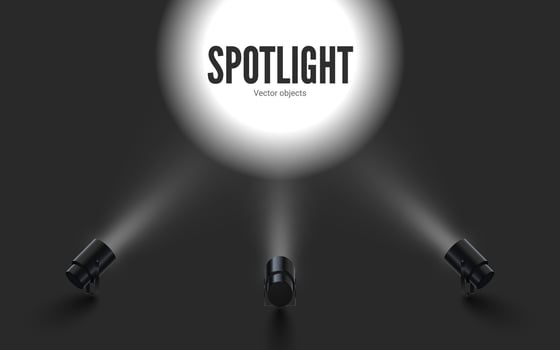 Spotlights with bright white light shining. Collections projectors with Illuminated effect . Set of projector for studio. Vector illustration