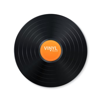 Vinyl music record. Design of retro audio disk. Realistic vintage gramophone disc with cover mockup. Vector illustration