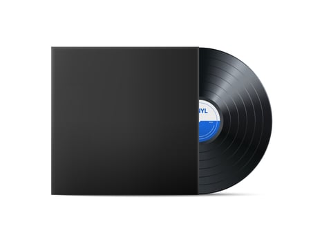 Black Vinyl Music Record. Realistic vintage gramophone disc with cover mockup. Retro design. Vector illustration