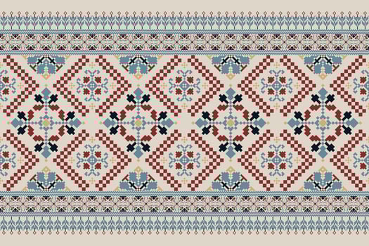 Floral Cross Stitch Embroidery on gray background.geometric ethnic orientalist pattern traditional.Aztec style abstract vector illustration.design for texture,fabric,clothing,wrapping,decoration,scarf