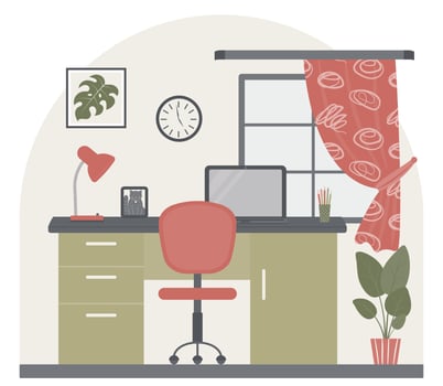 Interior design of a room with furniture a desk, a computer chair, a picture on the wall, indoor plants, a wall clock, a window with curtains, a table lamp. Workplace. vector