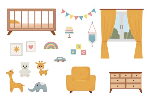 nursery room furniture and accessories for children, kids room, modern interior design, toys, armchair, closet, window, curtains, lamp, crib, vector design elements