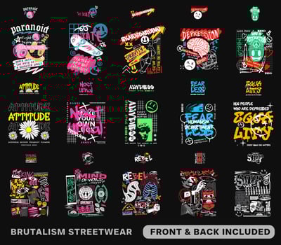 Brutalism T-shirt Designs Bundle, Streetwear T-shirt Designs Artwork Set, Graffiti Vector Collection for Apparel and Clothing Print