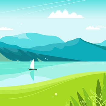 Beautiful summer landscape. Mountains and water. Blue sky with clouds. Azure mirror water surface of lake river and mountains. White sailboat. Illustration for background, website, posters, postcards. vector