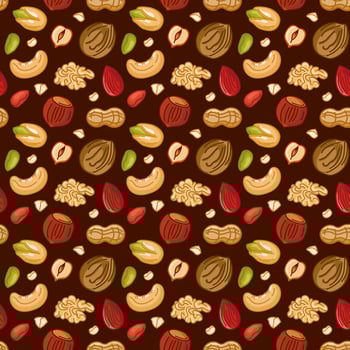 Seamless pattern with various nuts on a dark background. Almonds, walnuts, cashews, pistachios, cashews, peanuts and hazelnuts. Vector illustration of organic healthy food in cartoon flat style.