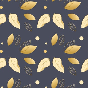 Seamless pattern, golden leaves with a contour on a gray background. Vintage background, print, textile, vector