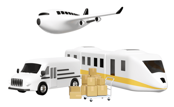 3d worldwide shipping with delivery van, plane, sky train transport isolated. service, transportation, air cargo trucking, railway shipping, land transport concept, 3d render png