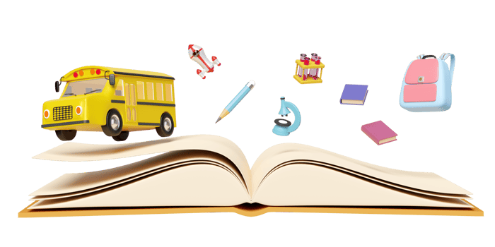 3d yellow school bus cartoon sign icon, vehicle for transport students isolated. accessories with microscope, open book, bag, pencil, school supplies, back to school 3d render png