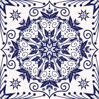 Ethnic floral square tile blue-white color pattern. Ethnic floral drawing shape geometric square seamless pattern. Ethnic floral pattern use for carpet, rug, wallpaper, cushion, tile flooring. vector