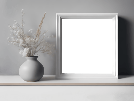 Portrait Square white picture frame mockup on vintage bench, table. Modern ceramic vase with dry Lagurus ovatus grass, Template for placing photos, paintings, drawings in the office. png