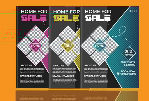 business home sale flyer design with five image background black design colors blue pink and green vector
