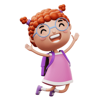 Happy child with bag, cute girl cartoon character, 3d rendering png