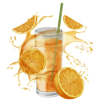 Glass of Orange Fruit Juice with slices of citrus food and splash. Watercolor hand drawn illustration of beverage on white isolated background. Drawing of tangerine tropical drink with cocktail tube vector