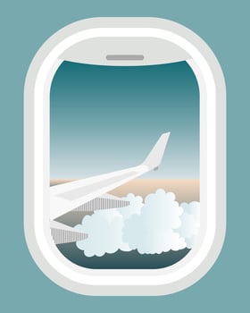 Travel illustration, sky with clouds and airplane wing from airplane porthole window. Banner, clip art, poster vector