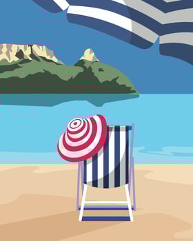 Seascape, beach, deck chair and hat under an umbrella against the backdrop of the sea. Poster, print, colorful summer nautical illustration vector