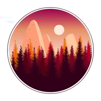 Mountain landscape, mountains, fir trees, trees against the backdrop of sunset. Print, clip art, illustration vector