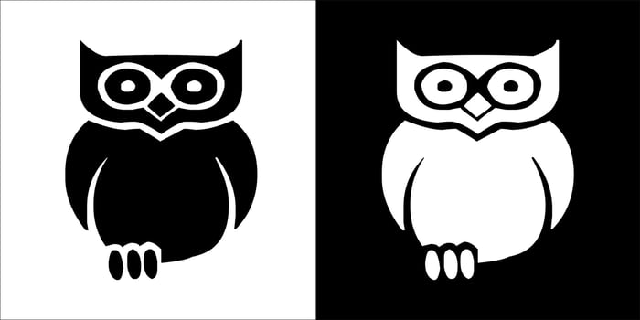 illustration, vector graphic of owl icon, in black and white, with transparent background