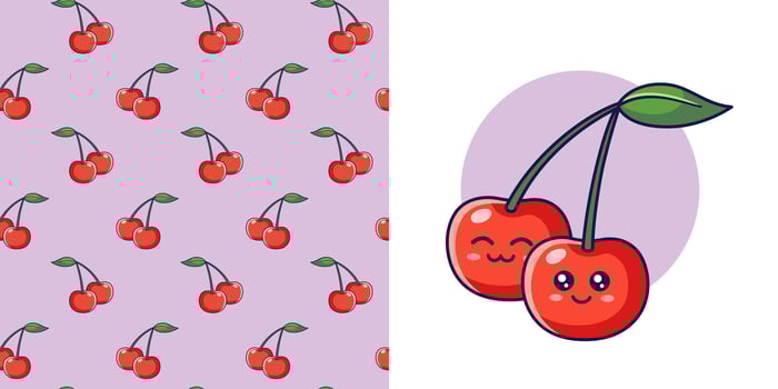 Hand drawn red Cherry in doodle style for designing baby clothes. Postcard with Cherry and seamless pattern. Cartoon Bohemian nursery print. Kids design texture for pajamas. Vector illustration.