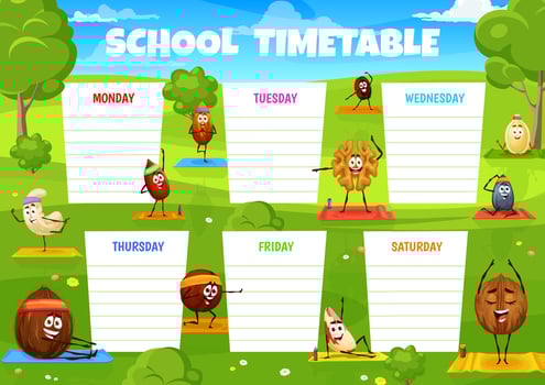 Education timetable schedule cartoon nuts on yoga vector