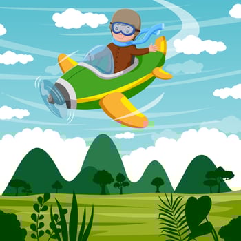 Happy Kid Flying In Airplane. Vector illustration