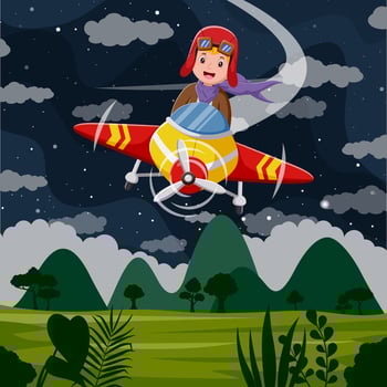 Happy Kid Flying In Airplane. Vector illustration