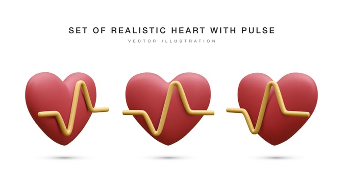 Set of 3d realistic red heart with yellow pulse for medical apps and websites. Medical healthcare concept. Heart pulse, heartbeat line, cardiogram. Vector illustration