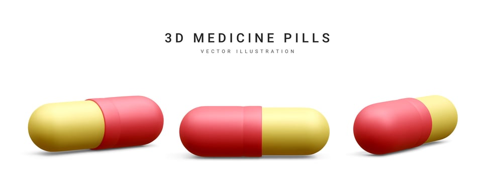 Set of 3d realistic capsule pills isolated on white background. Medicine and drugs. Vector illustration