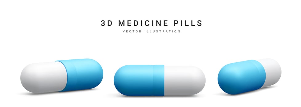 Set of 3d realistic capsule pills isolated on white background. Medicine and drugs. Vector illustration