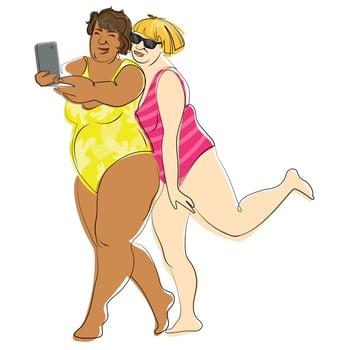 Two positive senor ladies different skin colors,in bright swimsuits take selfie on the beach vector illustration.Modern elderly people,grandmothers have fun together.Grandmothers summer vacation