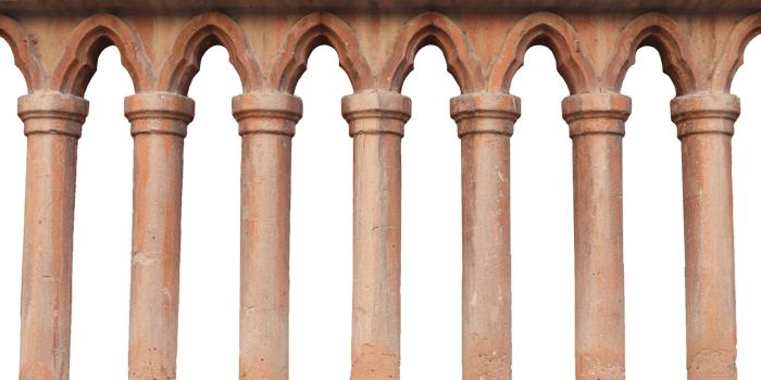 Old balustrade pillars architectural element isolated PNG photo with transparent background.
