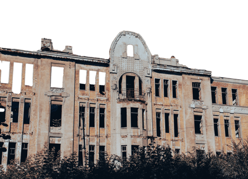 Ruined walls and windows old architecture photo. Old brick destroyed building png