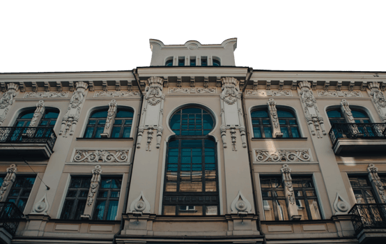 Morning Kharkiv city center building with panoramic windows photo. png