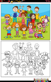 funny cartoon children and teens characters group coloring page vector