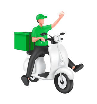 Male food delivery driver sit on scoot or motorcycle waved hand to tell customer that food has arrived and all place on transparent background png